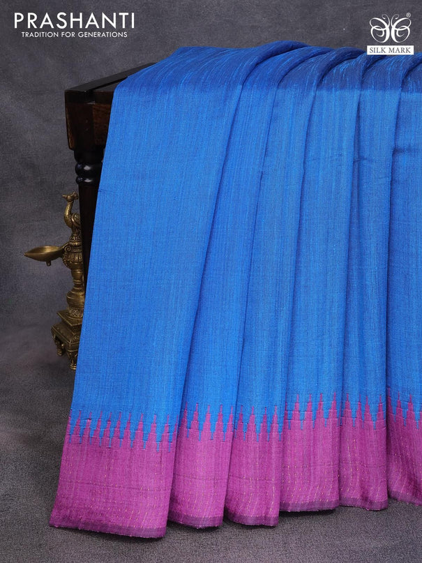 Dupion silk saree cs blue and purple with plain body and temple woven zari border