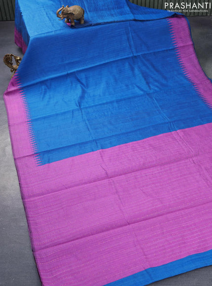 Dupion silk saree cs blue and purple with plain body and temple woven zari border