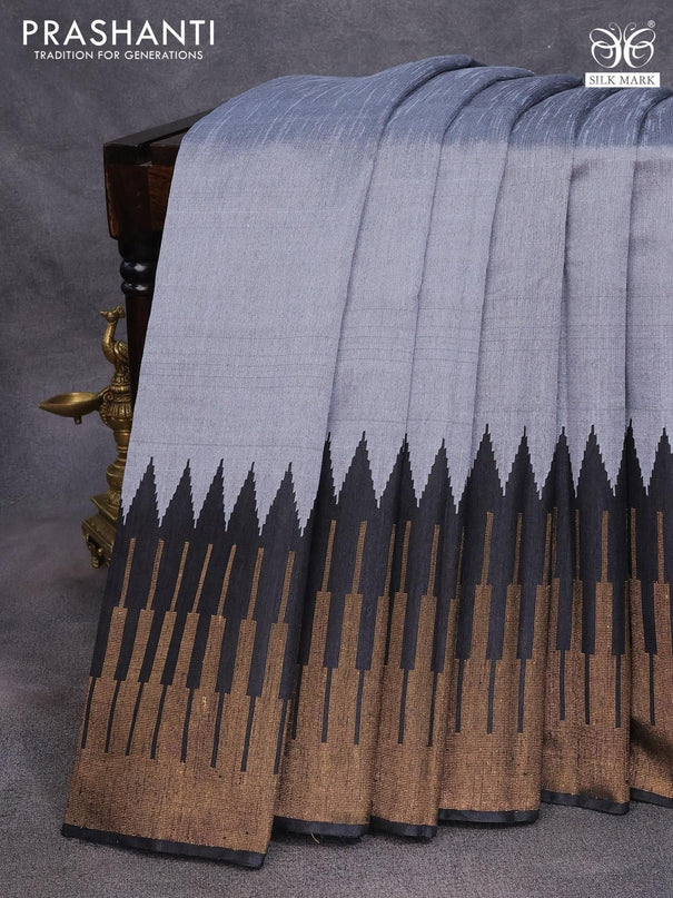 Dupion silk saree grey and black with plain body and temple design long zari woven border