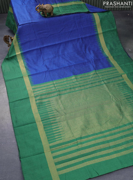 Dupion silk saree blue and green with plain body and long temple design zari woven simple border