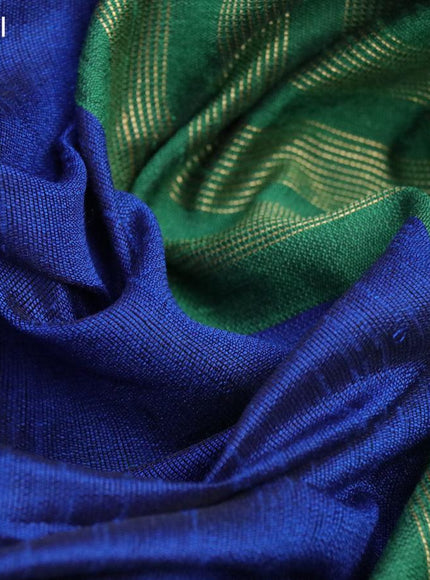 Dupion silk saree blue and green with plain body and long temple design zari woven simple border