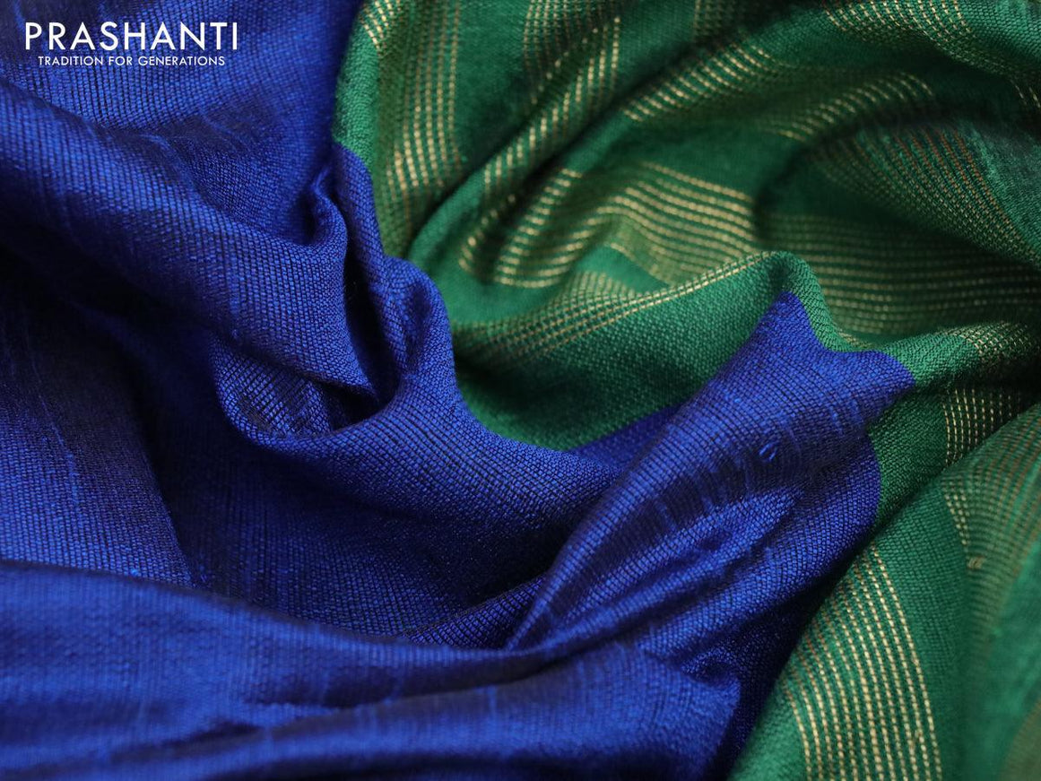 Dupion silk saree blue and green with plain body and long temple design zari woven simple border