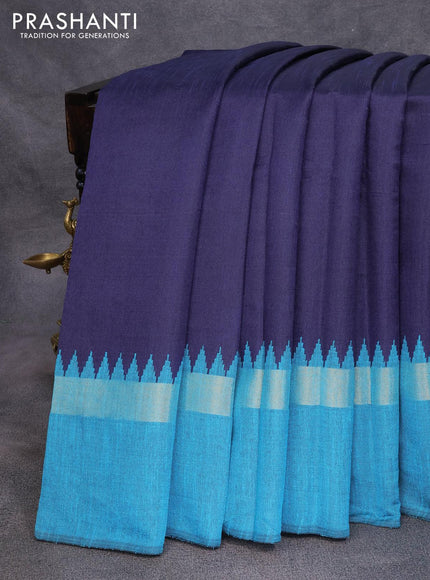 Dupion silk saree dark navy blue and teal blue with plain body and long temple design zari woven simple border