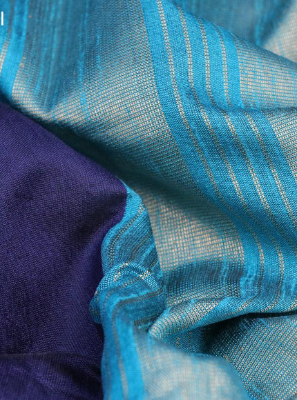 Dupion silk saree dark navy blue and teal blue with plain body and long temple design zari woven simple border