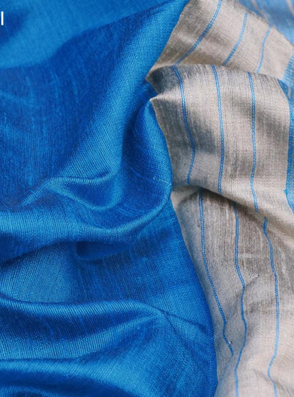 Dupion silk saree cs blue and beige with plain body and long temple design zari woven simple border