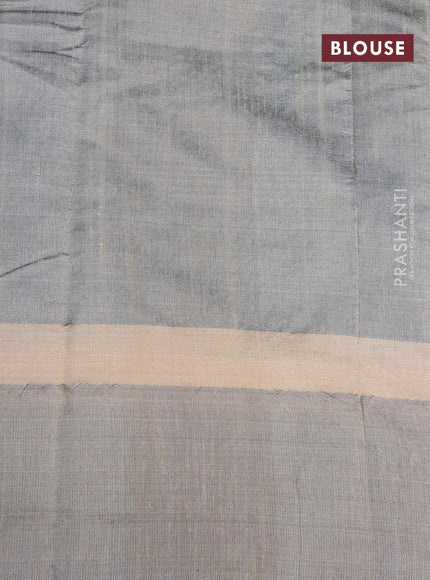 Dupion silk saree cs blue and beige with plain body and long temple design zari woven simple border