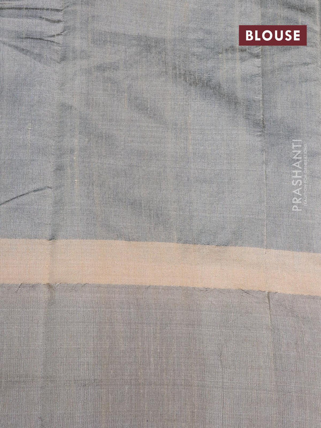 Dupion silk saree cs blue and beige with plain body and long temple design zari woven simple border