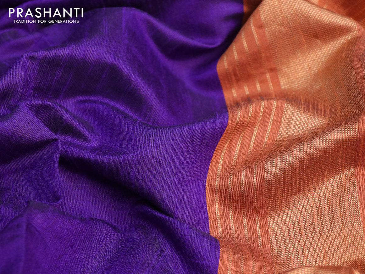 Dupion silk saree deep violet and rustic orange with plain body and long temple design zari woven simple border