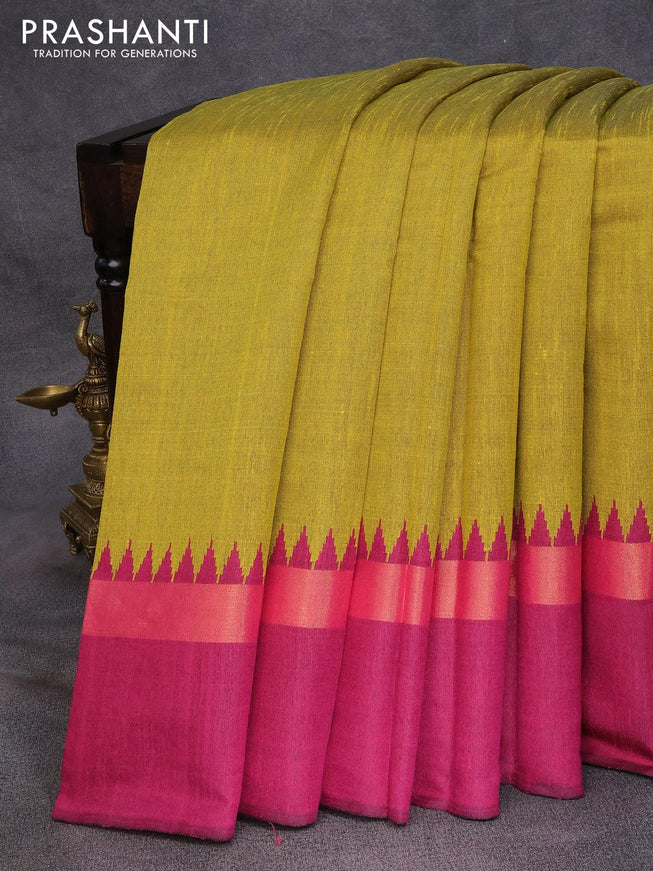 Dupion silk saree yellow shade and magenta pink with plain body and long temple design zari woven simple border