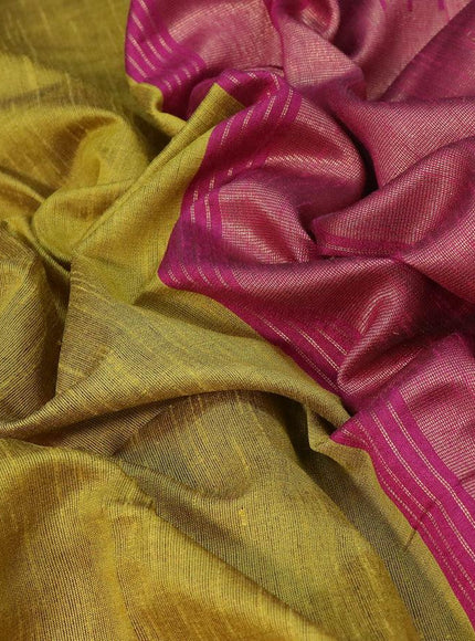 Dupion silk saree yellow shade and magenta pink with plain body and long temple design zari woven simple border