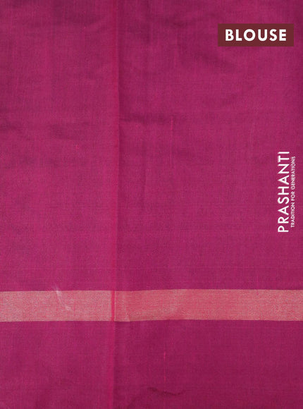 Dupion silk saree yellow shade and magenta pink with plain body and long temple design zari woven simple border