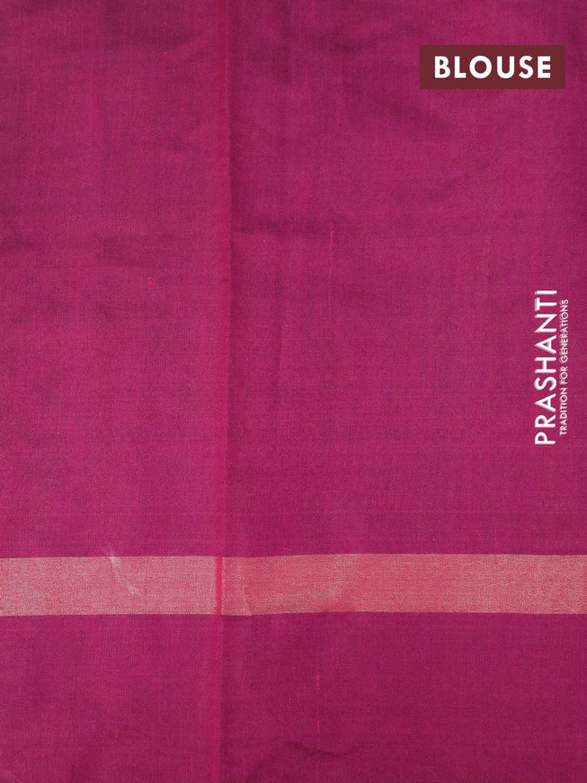 Dupion silk saree yellow shade and magenta pink with plain body and long temple design zari woven simple border