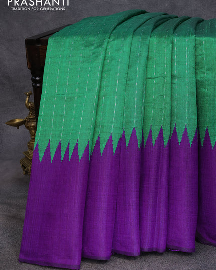 Dupion silk saree green and violet with allover silver weaves and temple woven border