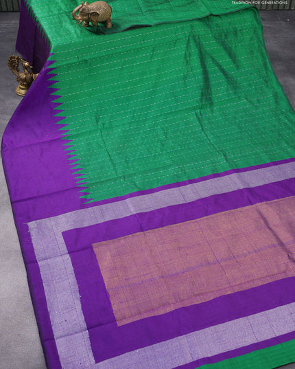 Dupion silk saree green and violet with allover silver weaves and temple woven border