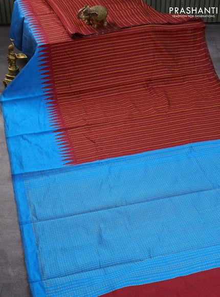 Dupion silk saree maroon and cs blue with allover thread weaves and temple design woven border