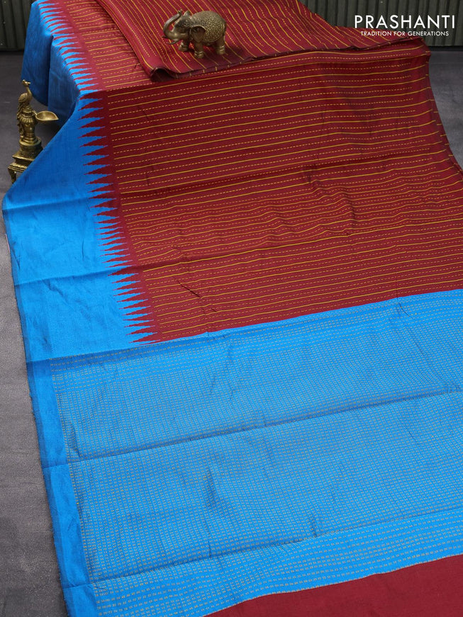 Dupion silk saree maroon and cs blue with allover thread weaves and temple design woven border