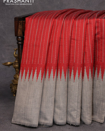 Dupion silk saree maroon and grey with allover thread weaves and temple design woven border