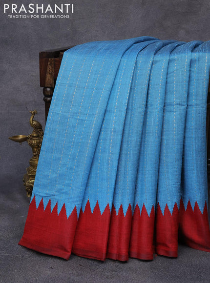 Dupion silk saree light blue and maroon with allover stripes zari weaves and temple design simple border