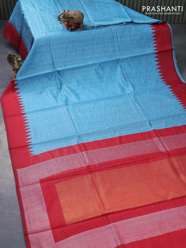 Dupion silk saree light blue and maroon with allover stripes zari weaves and temple design simple border