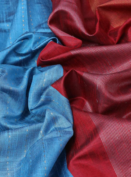 Dupion silk saree light blue and maroon with allover stripes zari weaves and temple design simple border