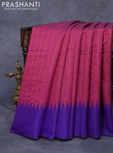 Dupion silk saree magenta pink and violet with allover stripes zari weaves and temple design simple border