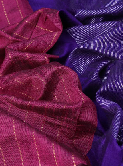 Dupion silk saree magenta pink and violet with allover stripes zari weaves and temple design simple border