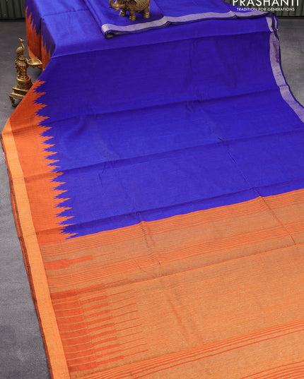 Dupion silk saree royal blue and orange with plain body and temple design zari woven border
