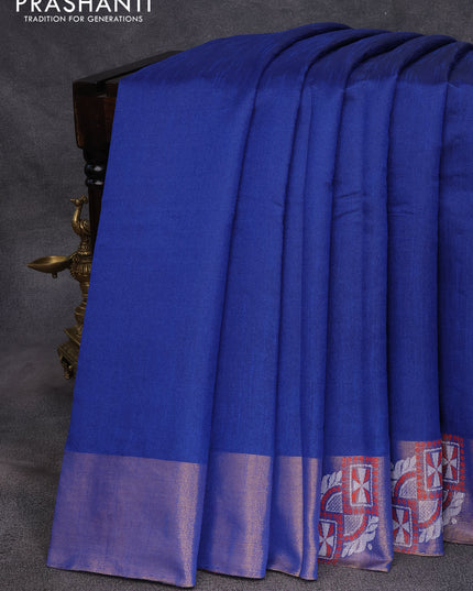 Dupion silk saree blue and red with plain body and zari woven butta border