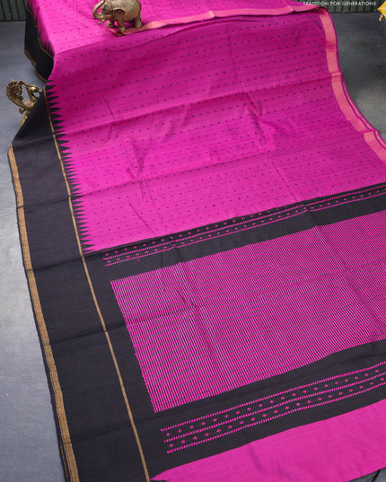 Dupion silk saree purple and black with allover thread weaves and temple design rettapet zari woven border