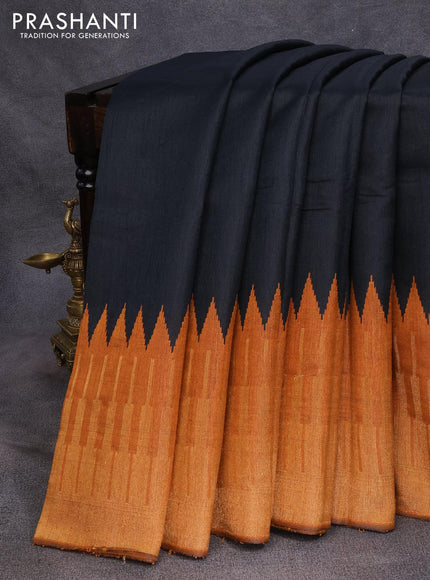 Dupion silk saree black and dark mustard with plain body and temple design zari woven border