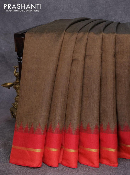 Dupion silk saree dark olive green and red with plain body and temple design zari woven border