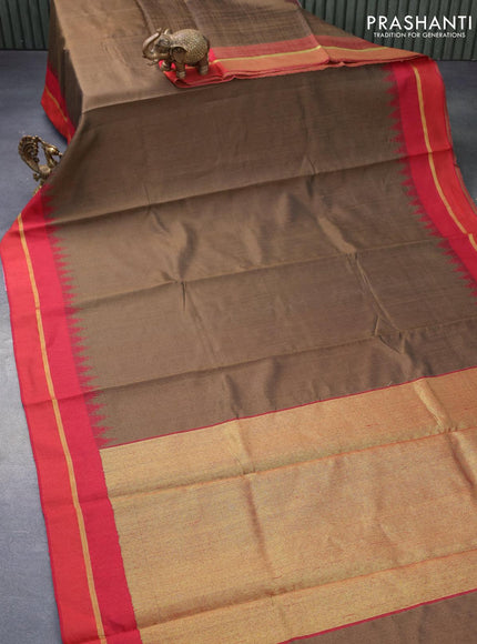 Dupion silk saree dark olive green and red with plain body and temple design zari woven border