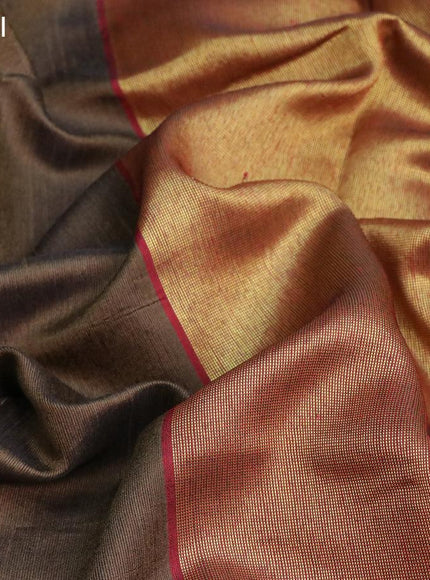 Dupion silk saree dark olive green and red with plain body and temple design zari woven border