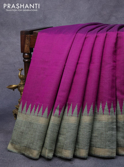 Dupion silk saree purple and greyish green with plain body and temple woven border