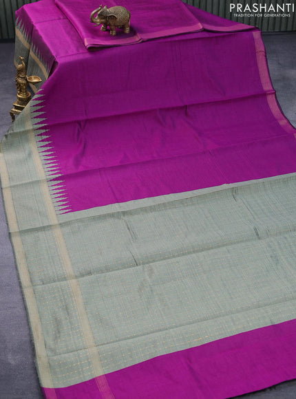 Dupion silk saree purple and greyish green with plain body and temple woven border