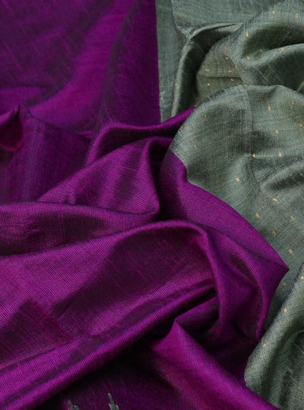 Dupion silk saree purple and greyish green with plain body and temple woven border