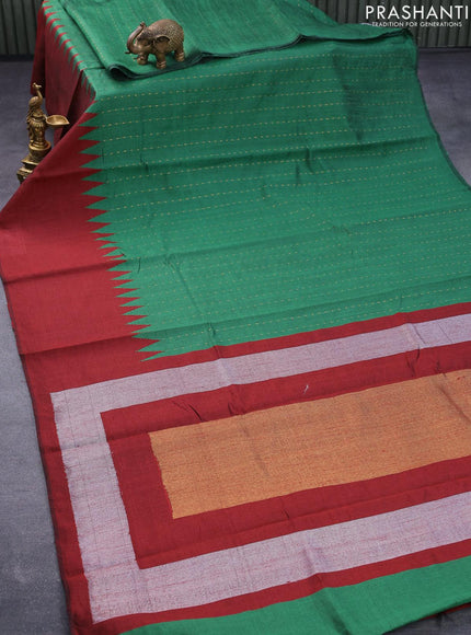 Dupion silk saree green and maroon with allover zari woven stripe weaves and temple woven border