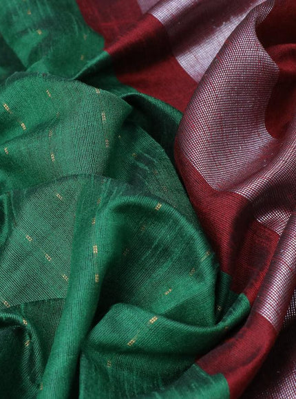 Dupion silk saree green and maroon with allover zari woven stripe weaves and temple woven border