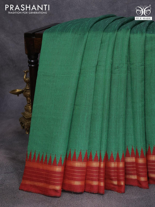 Dupion silk saree green and maroon with plain body and temple design zari woven border