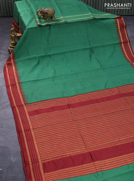 Dupion silk saree green and maroon with plain body and temple design zari woven border