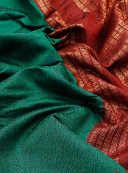 Dupion silk saree green and maroon with plain body and temple design zari woven border