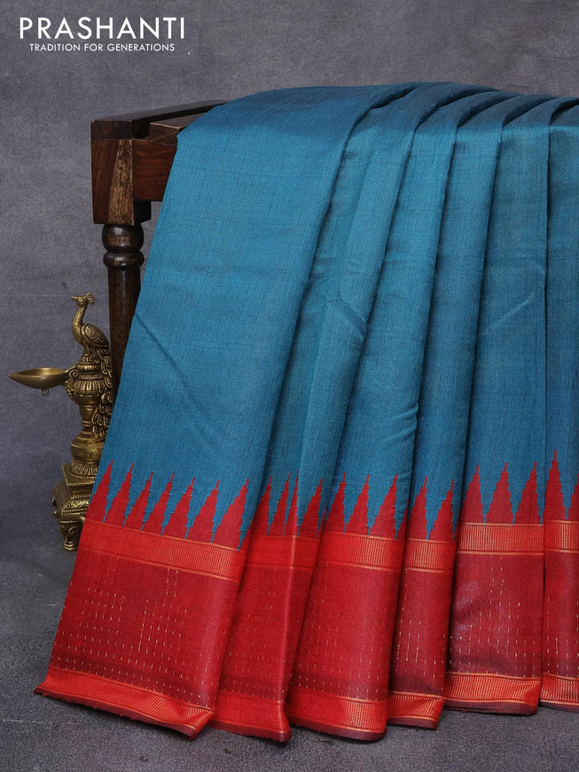 Dupion silk saree peacock green and maroon with plain body and temple design reattpet zari woven border