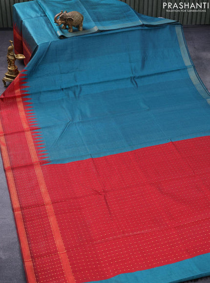 Dupion silk saree peacock green and maroon with plain body and temple design reattpet zari woven border