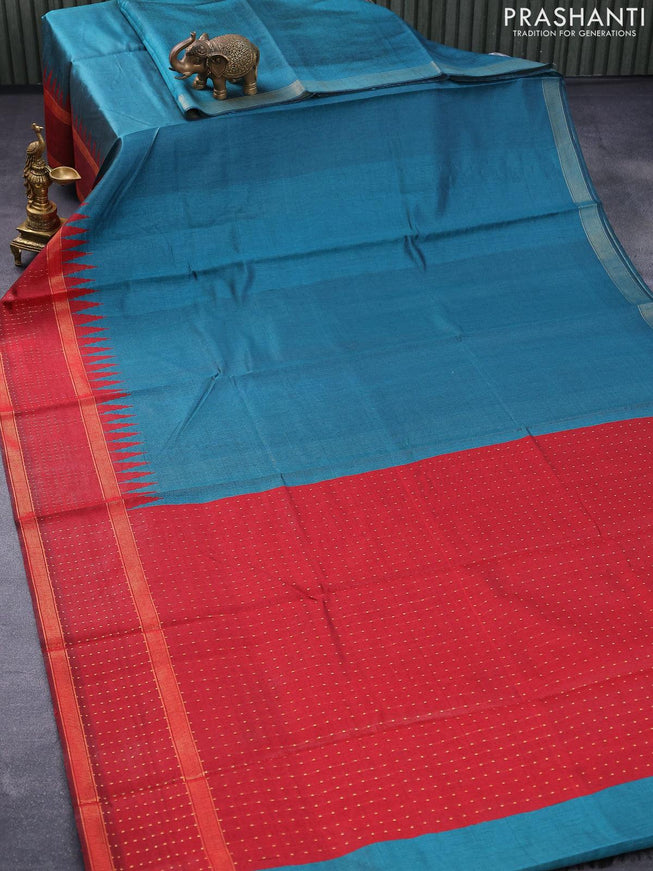 Dupion silk saree peacock green and maroon with plain body and temple design reattpet zari woven border