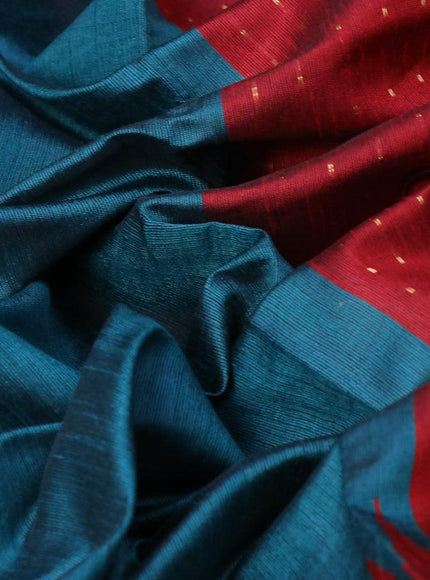 Dupion silk saree peacock green and maroon with plain body and temple design reattpet zari woven border