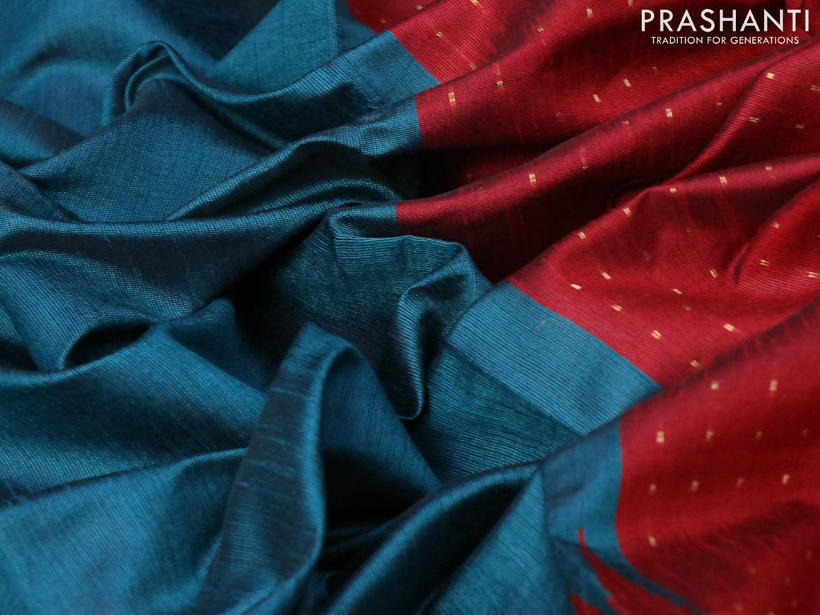 Dupion silk saree peacock green and maroon with plain body and temple design reattpet zari woven border