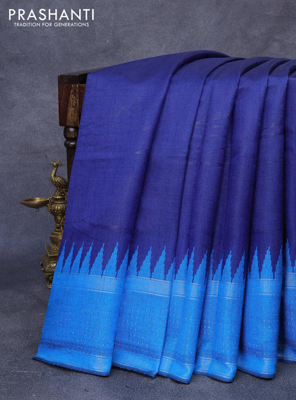 Dupion silk saree dark blue and cs blue with plain body and temple design reattpet zari woven border