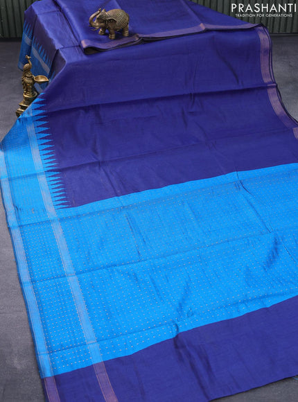 Dupion silk saree dark blue and cs blue with plain body and temple design reattpet zari woven border