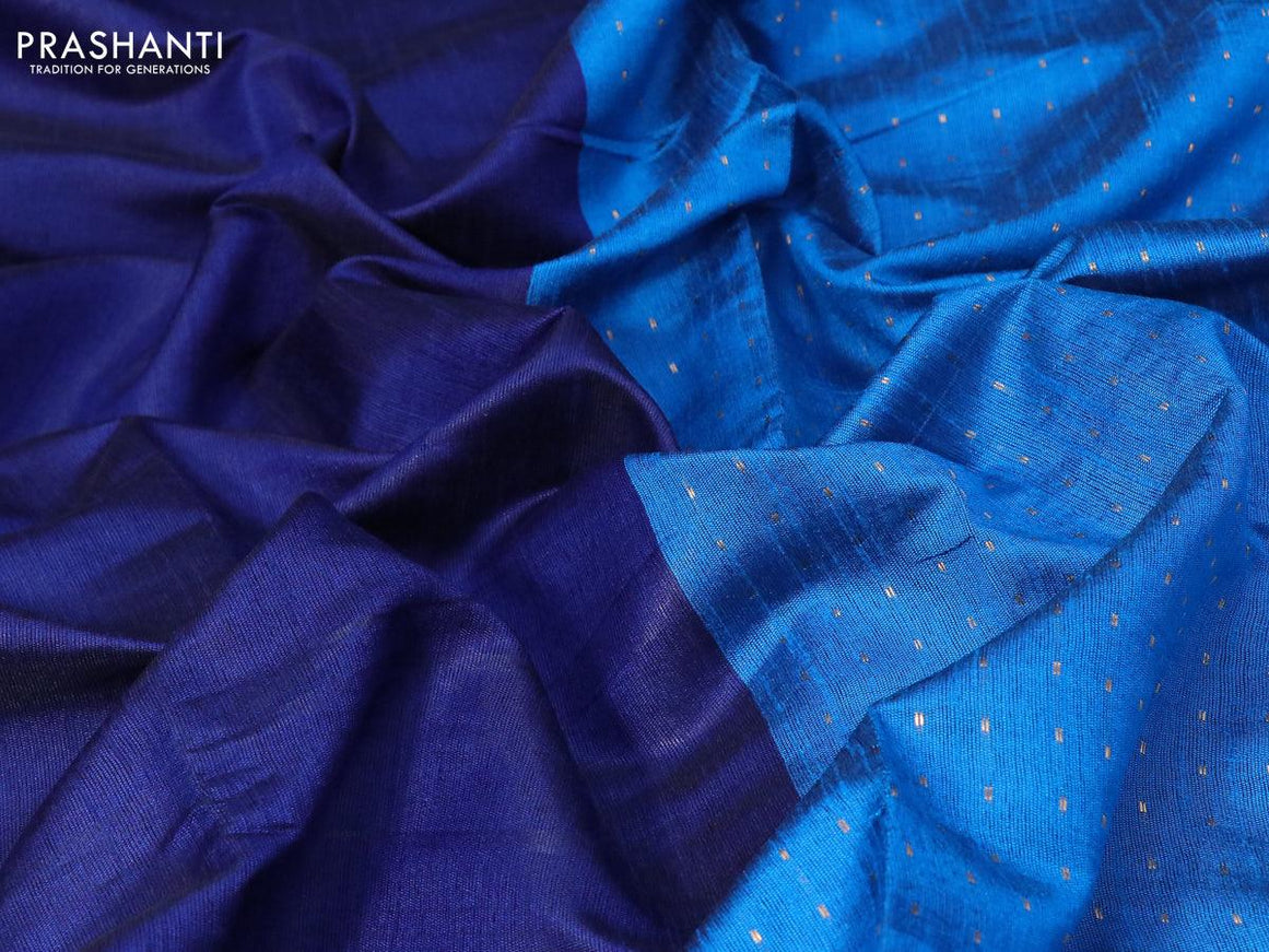 Dupion silk saree dark blue and cs blue with plain body and temple design reattpet zari woven border