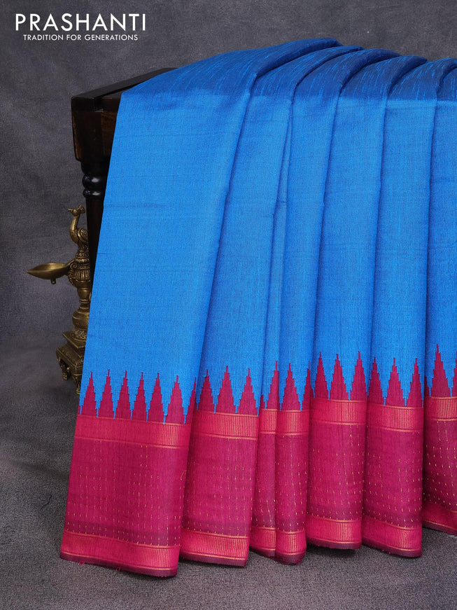 Dupion silk saree cs blue and magenta pink with plain body and temple design reattpet zari woven border